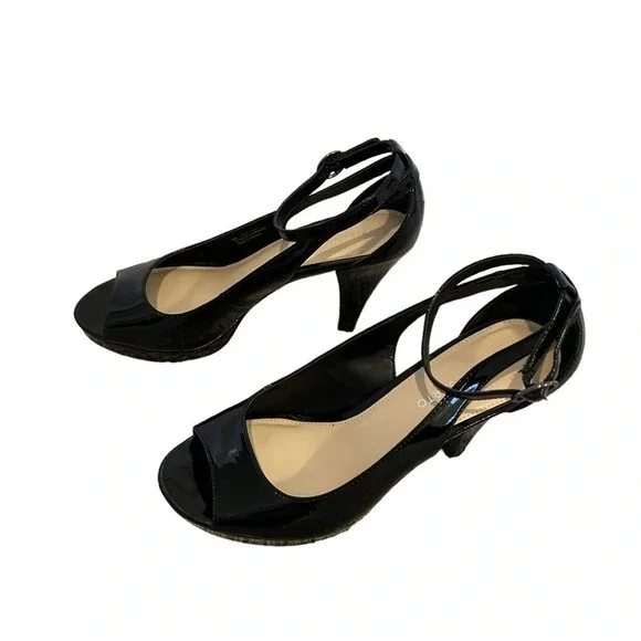 Franco Sarto Emmy Heels Open Toe Ankle Strap Black Patent Size 9 EUC - Picture 2 of 9